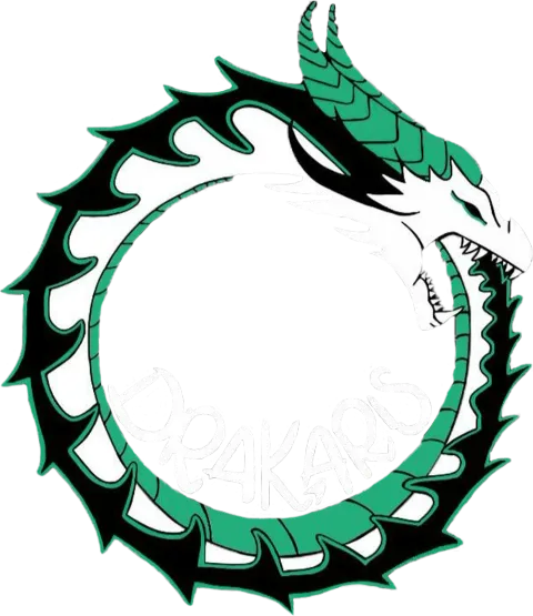 Logo de Drakaris: un drac blanc i verd en cercle