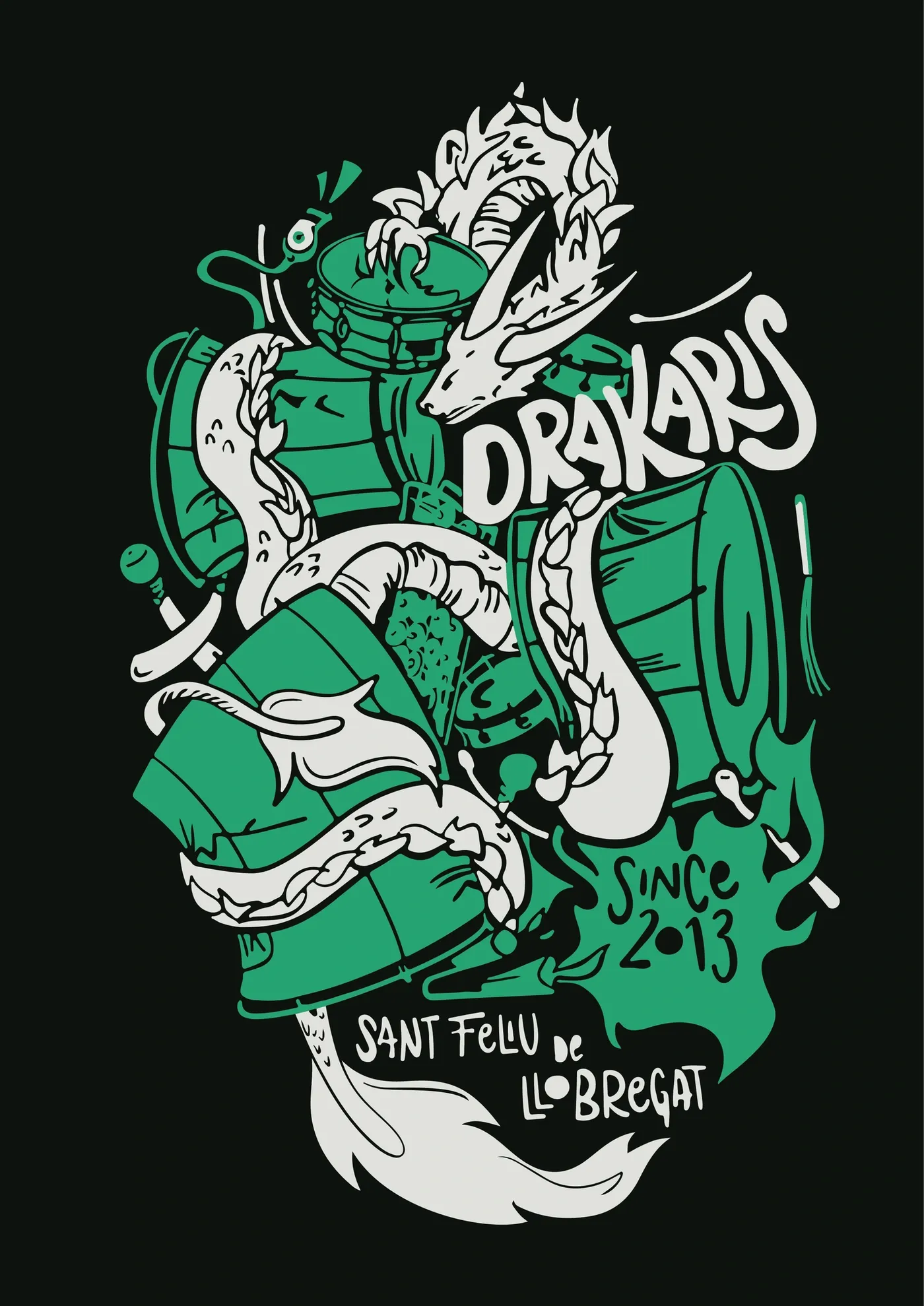 Cartell de Drakaris: un drac enroscat entre tambors, «Since 2013, Sant Feliu de Llobregat»